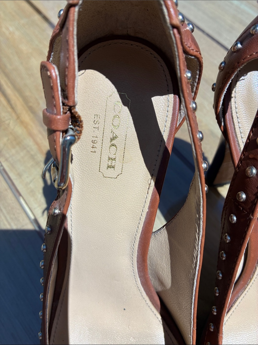 Coach Billie Women's Brown Studded Peep-Toe Heels with Buckle Strap - Picture 3 of 8